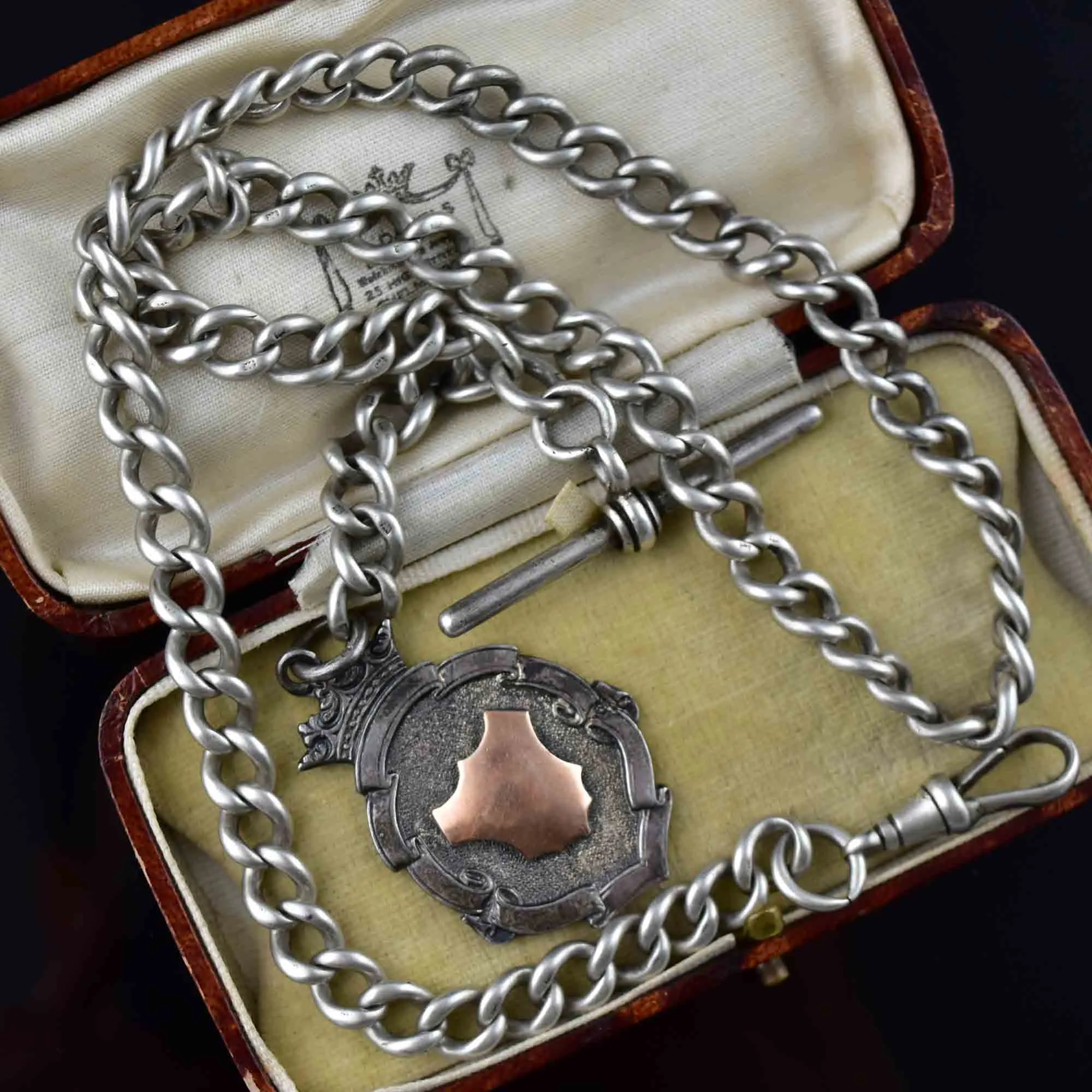 Edwardian Silver Rose Gold Shield Medallion Watch Chain Necklace