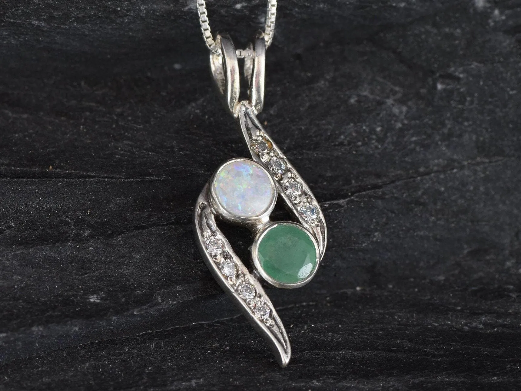 Emerald Bypass Necklace - Two Stone Pendant - Opal Vintage Necklace