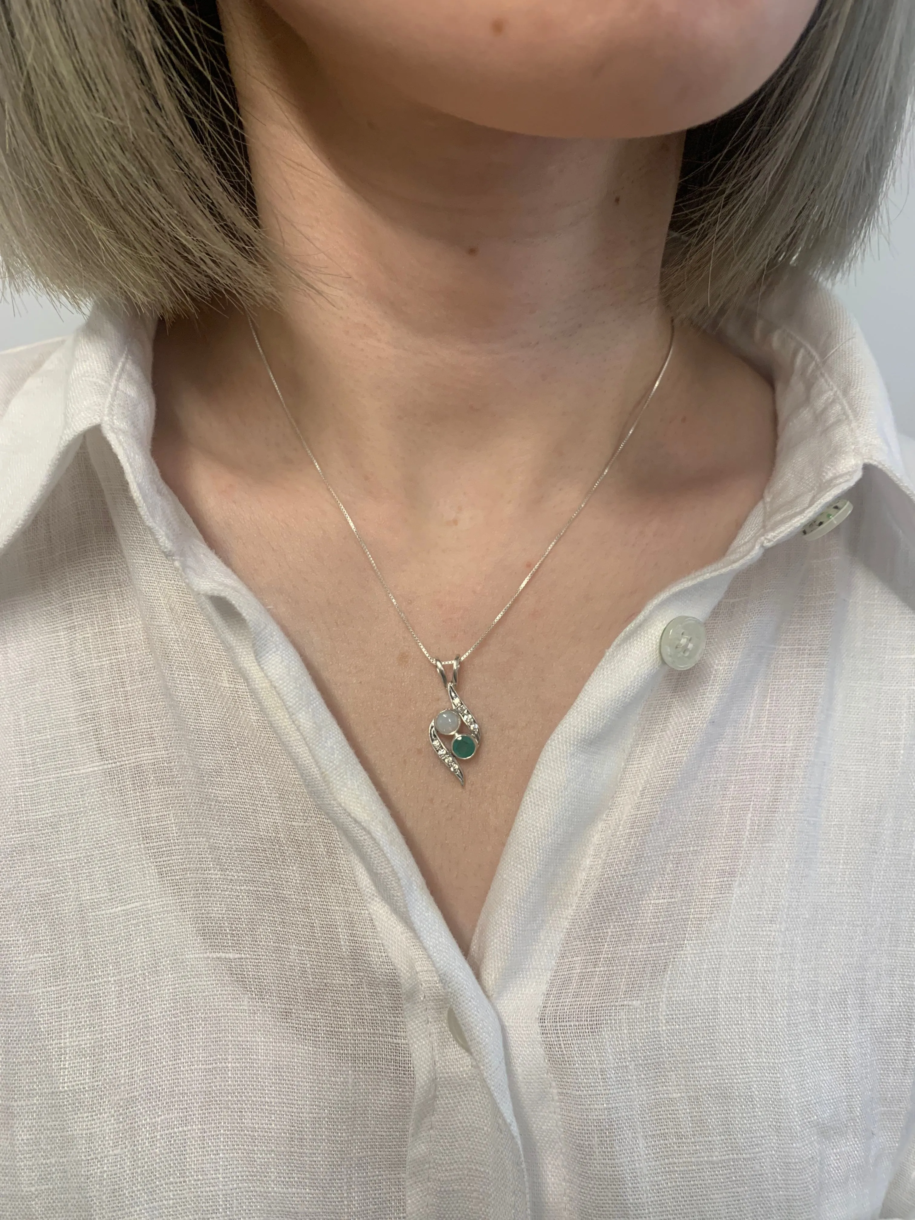 Emerald Bypass Necklace - Two Stone Pendant - Opal Vintage Necklace