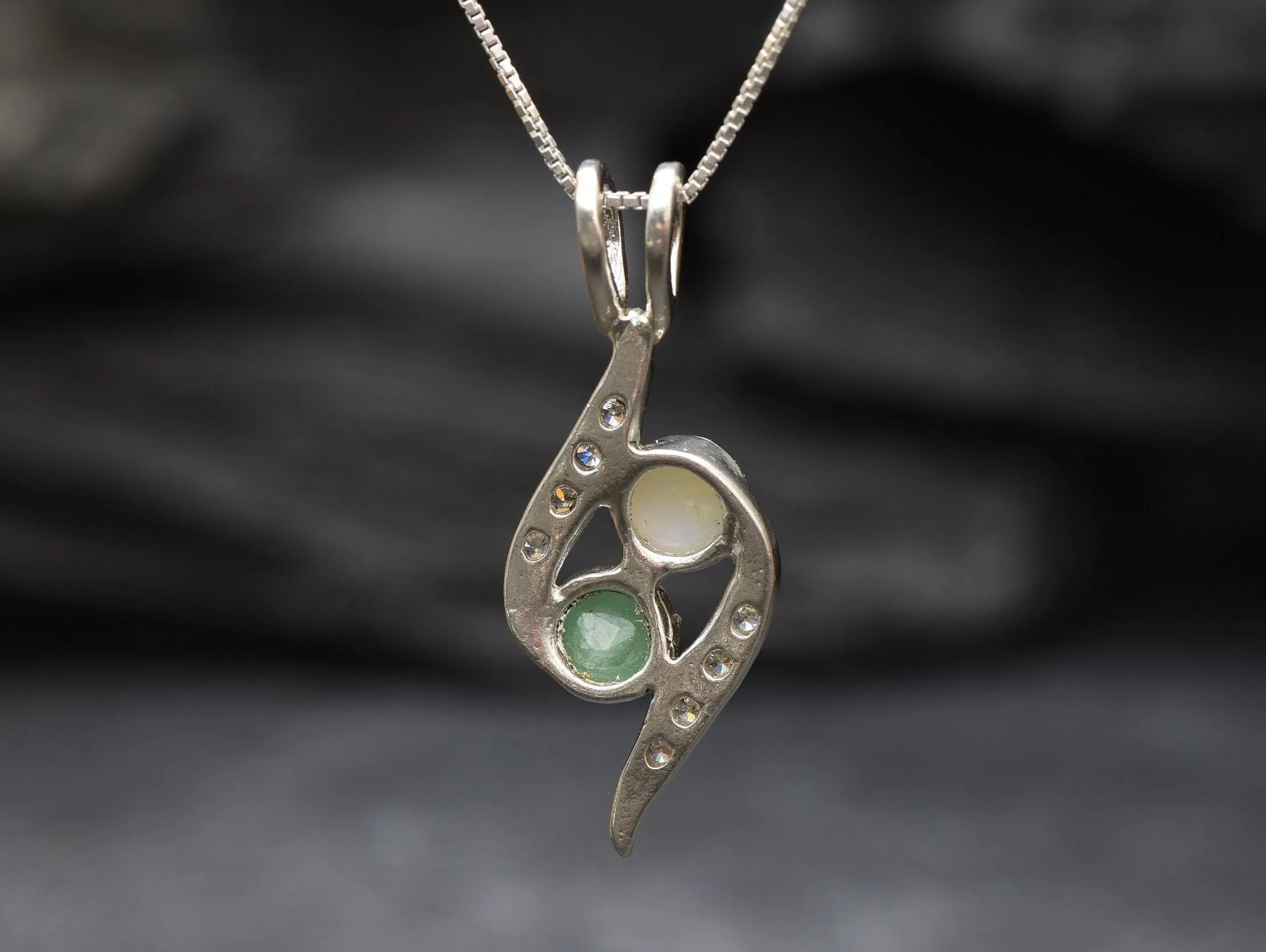 Emerald Bypass Necklace - Two Stone Pendant - Opal Vintage Necklace