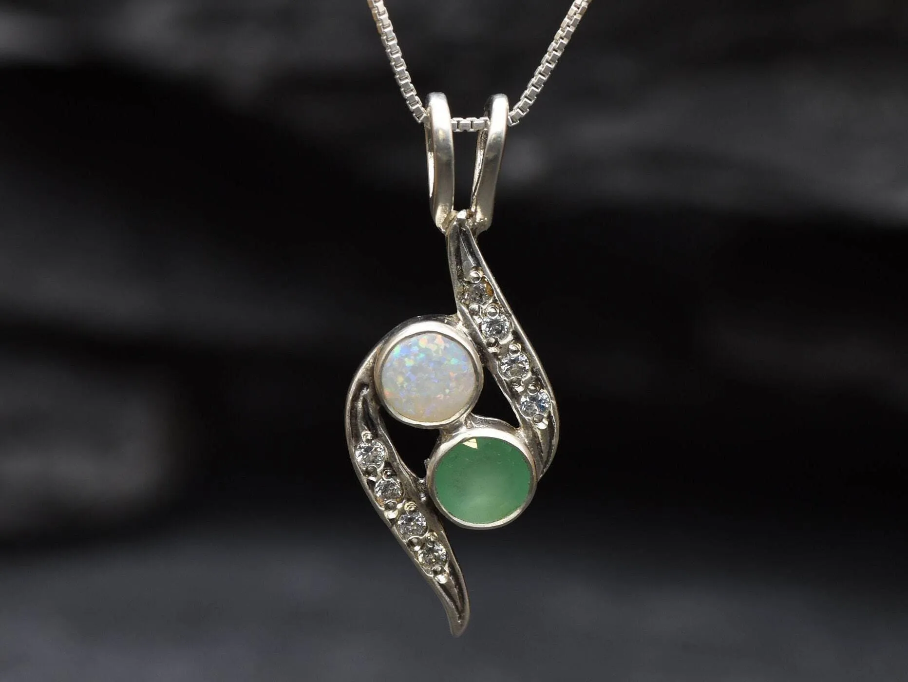 Emerald Bypass Necklace - Two Stone Pendant - Opal Vintage Necklace