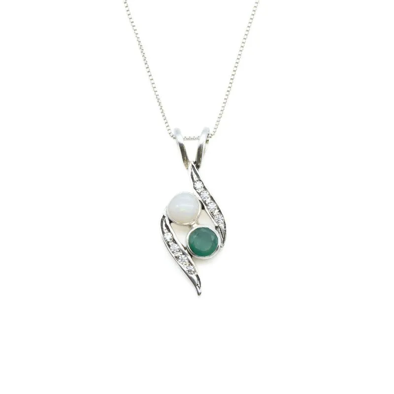 Emerald Bypass Necklace - Two Stone Pendant - Opal Vintage Necklace