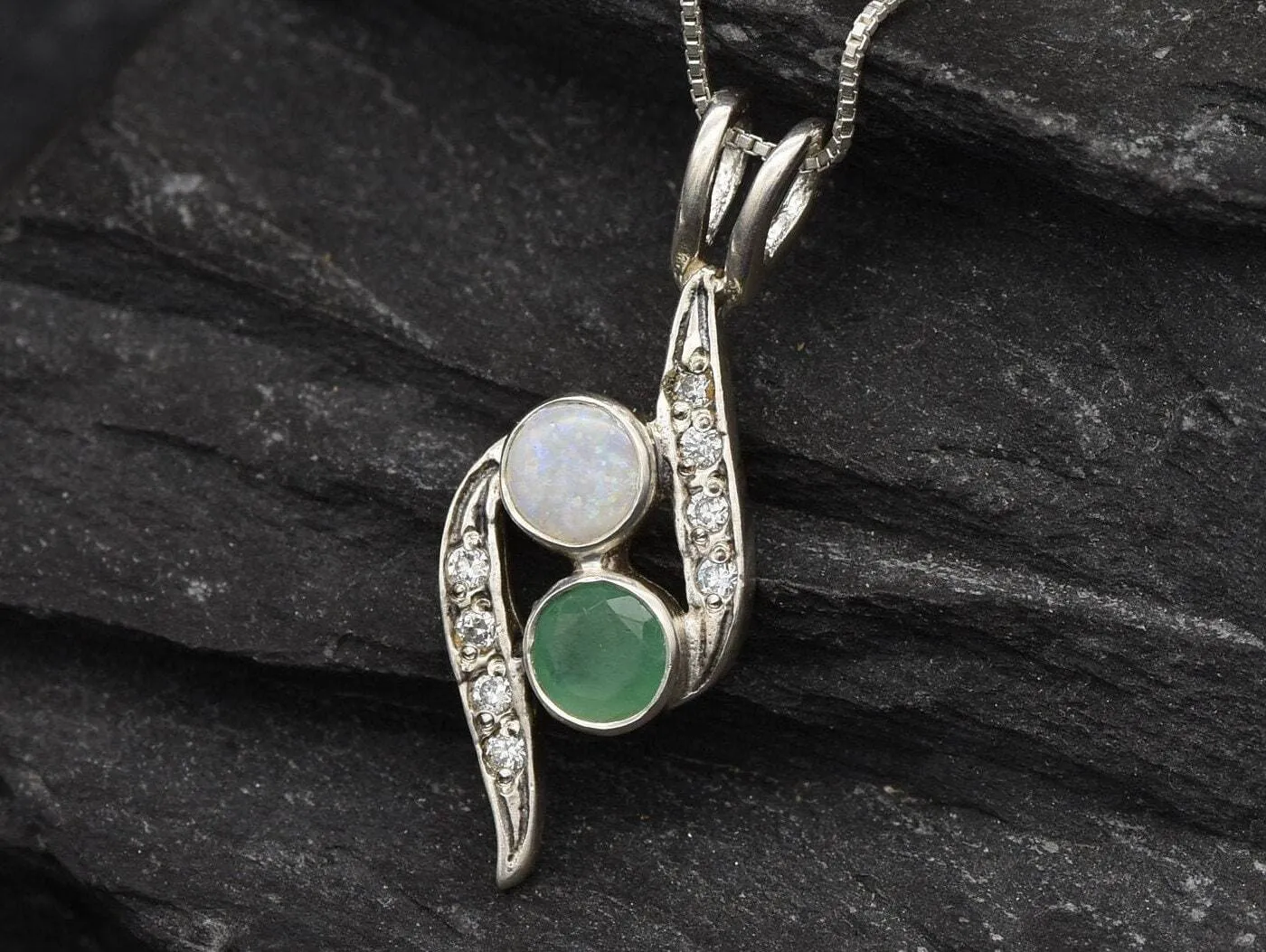 Emerald Bypass Necklace - Two Stone Pendant - Opal Vintage Necklace
