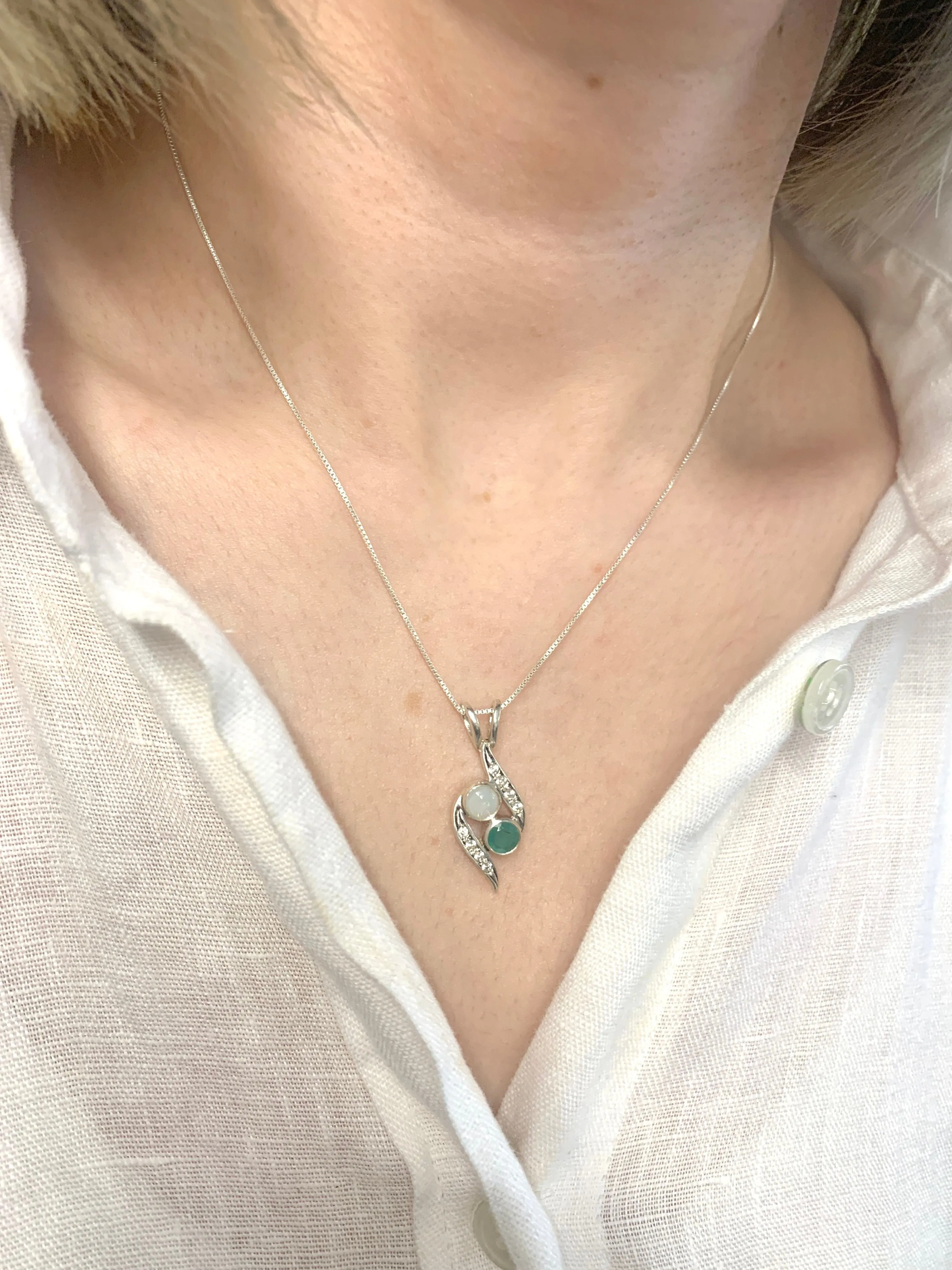 Emerald Bypass Necklace - Two Stone Pendant - Opal Vintage Necklace