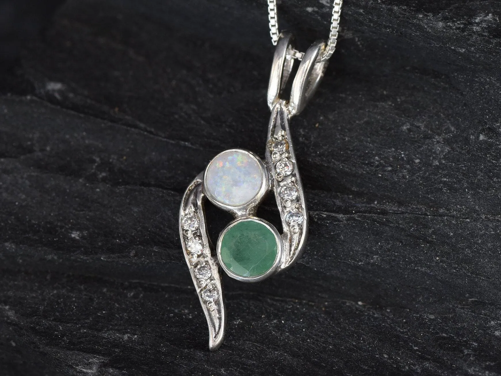 Emerald Bypass Necklace - Two Stone Pendant - Opal Vintage Necklace