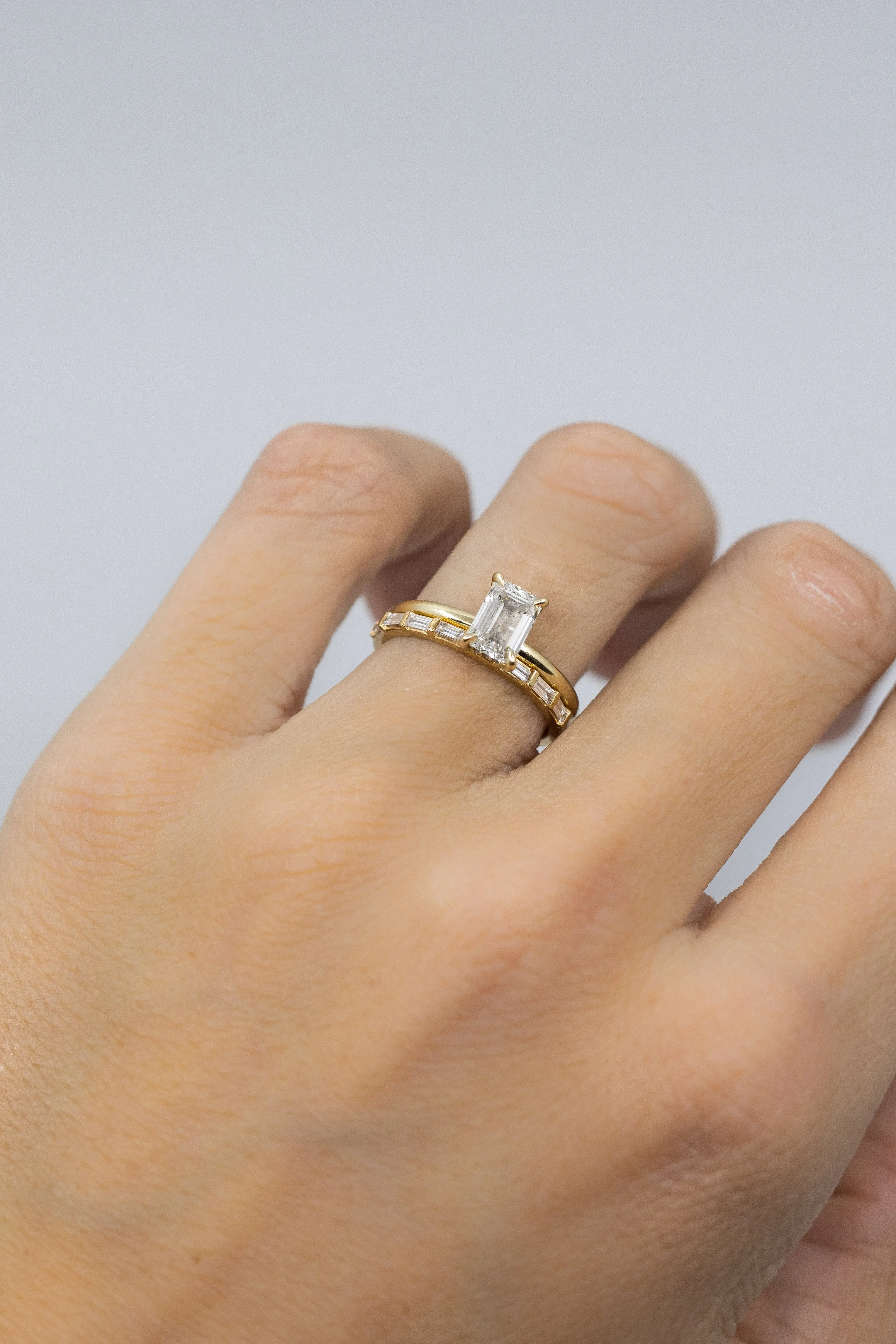 Emerald Solitaire with Hidden Halo   Anniversary Band Set - Ready To Ship