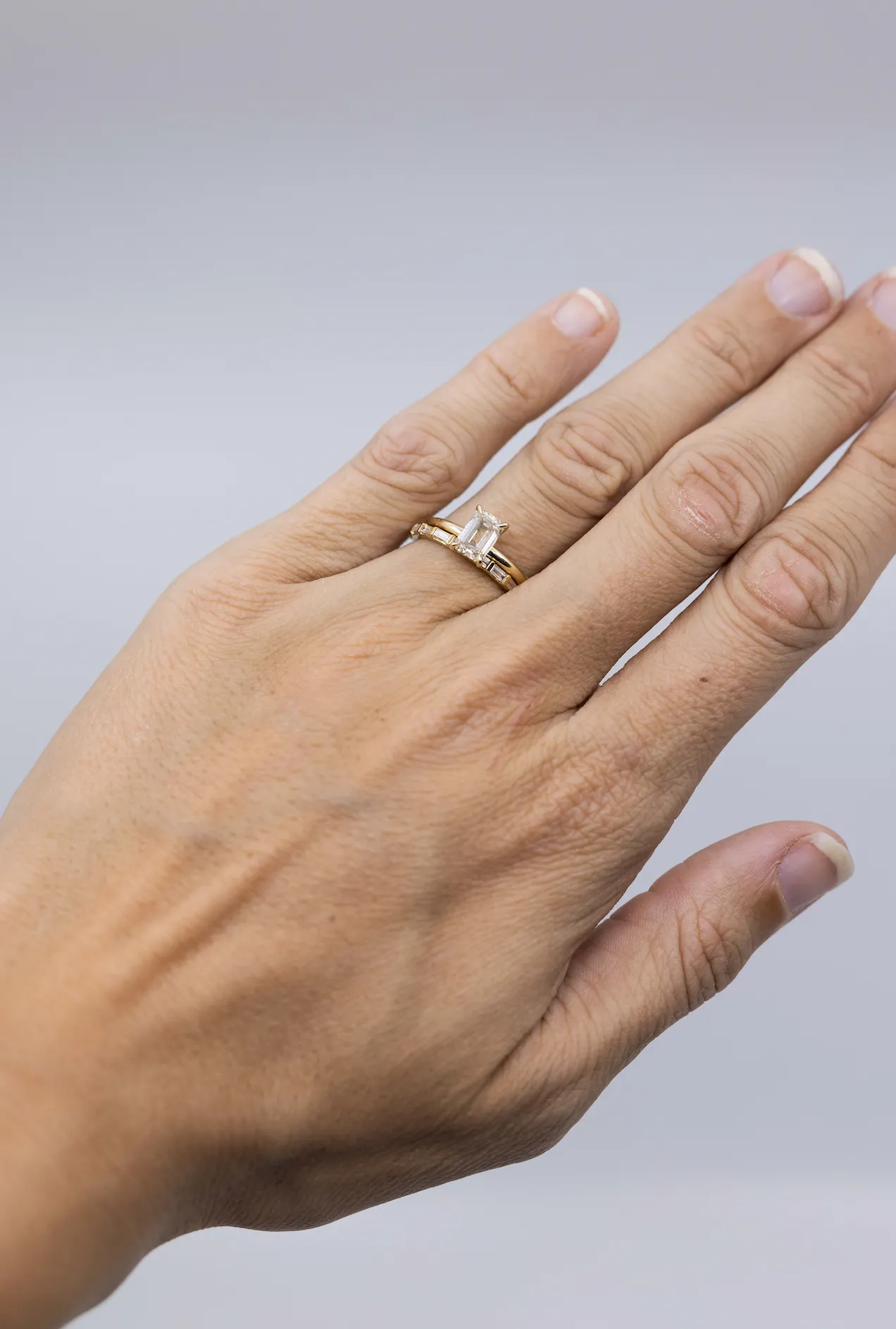 Emerald Solitaire with Hidden Halo   Anniversary Band Set - Ready To Ship