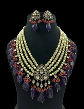 Emerald Twilight White Necklace with Green Stone Pendant and Purple Earrings - Rent