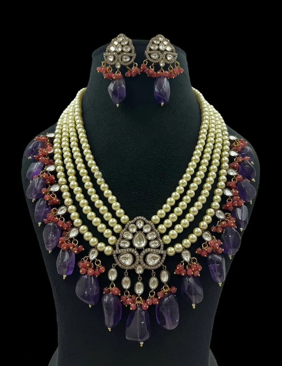 Emerald Twilight White Necklace with Green Stone Pendant and Purple Earrings - Rent