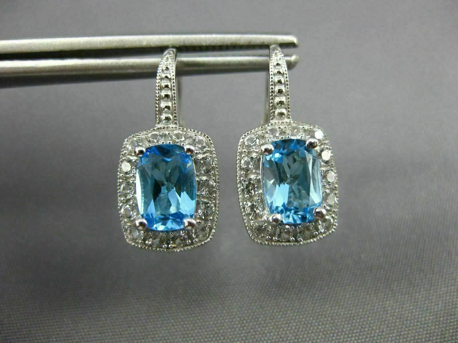 ESTATE 3.31CT CZ & AAA BLUE TOPAZ 14KT WHITE GOLD 3D LEVERBACK HANGING EARRINGS