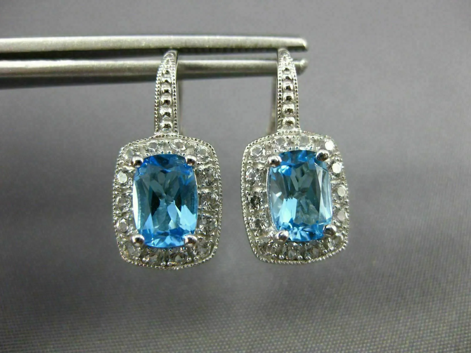 ESTATE 3.31CT CZ & AAA BLUE TOPAZ 14KT WHITE GOLD 3D LEVERBACK HANGING EARRINGS