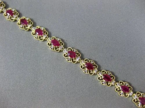 ESTATE 4.02CT DIAMOND & AAA RUBY 14K YELLOW GOLD FLOWER FILIGREE TENNIS BRACELET