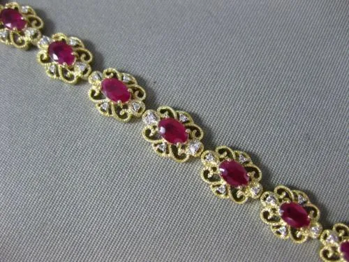 ESTATE 4.02CT DIAMOND & AAA RUBY 14K YELLOW GOLD FLOWER FILIGREE TENNIS BRACELET