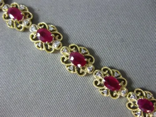 ESTATE 4.02CT DIAMOND & AAA RUBY 14K YELLOW GOLD FLOWER FILIGREE TENNIS BRACELET
