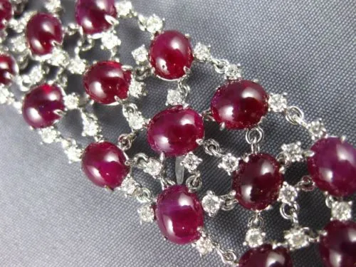 ESTATE LARGE 54.27CT DIAMOND & AAA CABOCHON RUBY 18KT WHITE GOLD TENNIS BRACELET