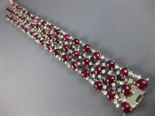 ESTATE LARGE 54.27CT DIAMOND & AAA CABOCHON RUBY 18KT WHITE GOLD TENNIS BRACELET