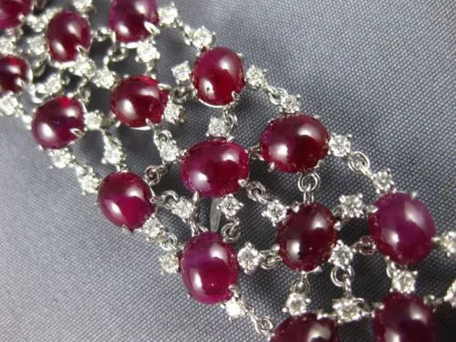 ESTATE LARGE 54.27CT DIAMOND & AAA CABOCHON RUBY 18KT WHITE GOLD TENNIS BRACELET
