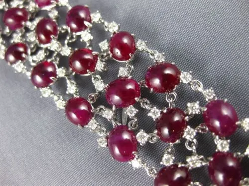 ESTATE LARGE 54.27CT DIAMOND & AAA CABOCHON RUBY 18KT WHITE GOLD TENNIS BRACELET