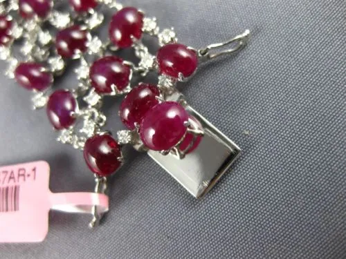 ESTATE LARGE 54.27CT DIAMOND & AAA CABOCHON RUBY 18KT WHITE GOLD TENNIS BRACELET