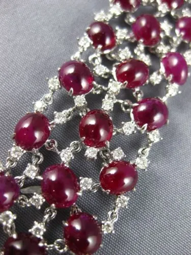ESTATE LARGE 54.27CT DIAMOND & AAA CABOCHON RUBY 18KT WHITE GOLD TENNIS BRACELET