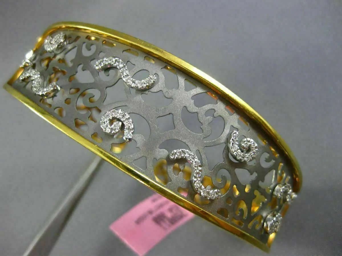 ESTATE WIDE .65CT DIAMOND 14KT TWO TONE GOLD OPEN FILIGREE WAVE BANGLE BRACELET