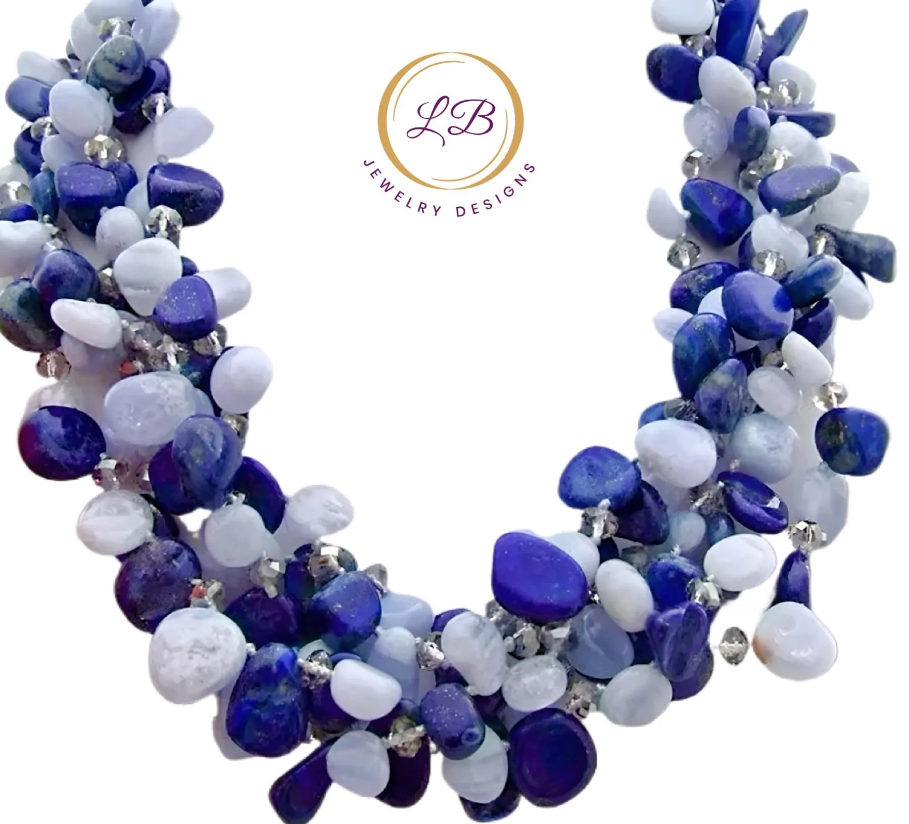 Five-Strand Blue Lace & Lapis Lazuli Gemstone Statement Necklace 21”