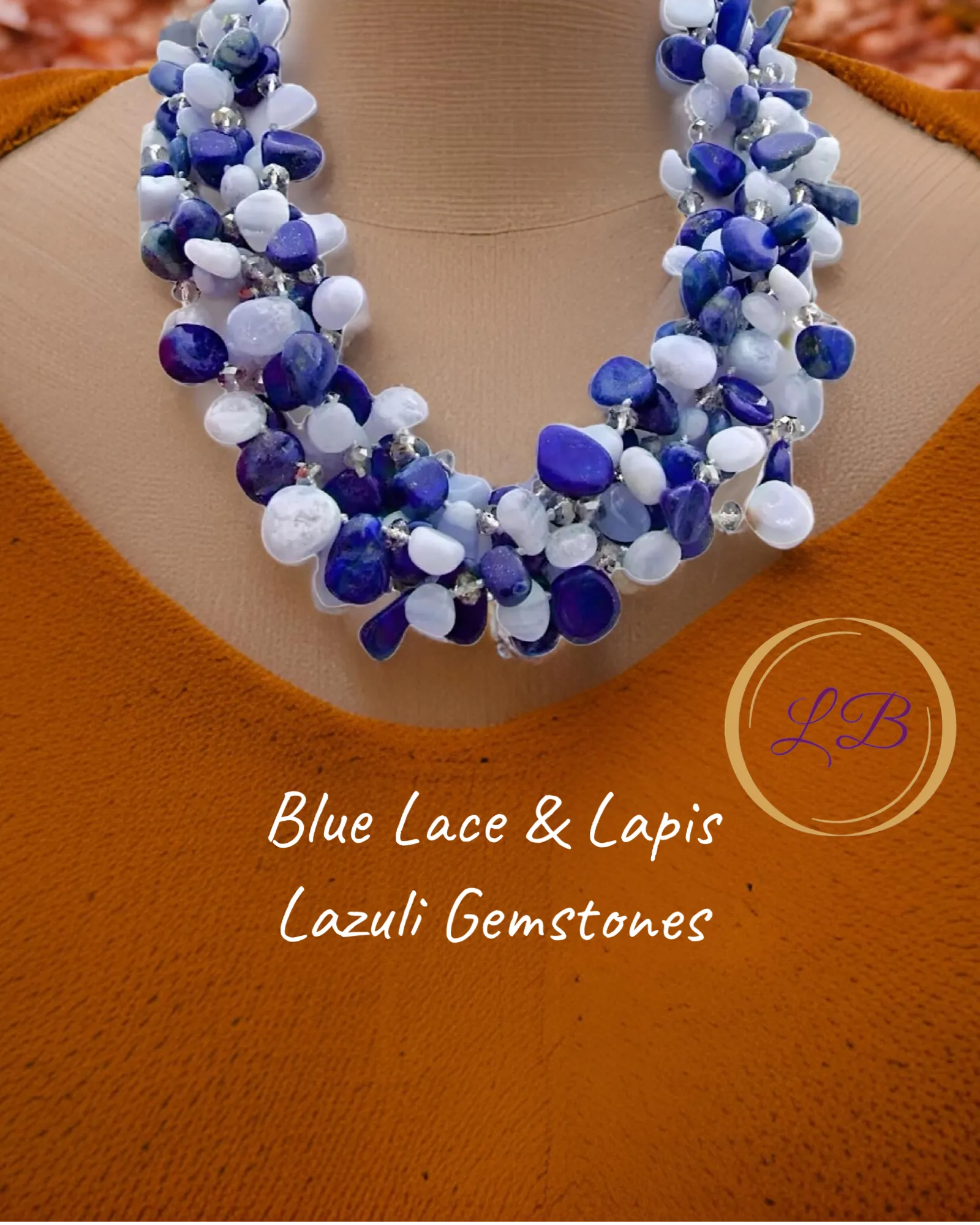 Five-Strand Blue Lace & Lapis Lazuli Gemstone Statement Necklace 21”