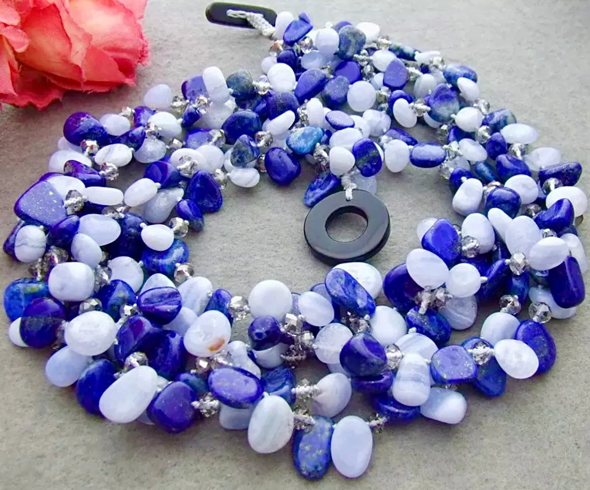 Five-Strand Blue Lace & Lapis Lazuli Gemstone Statement Necklace 21”