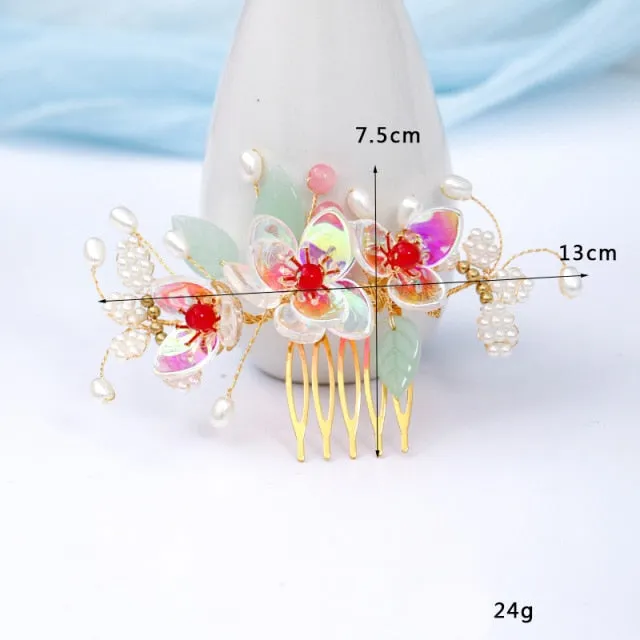 Handmade Crystal Pearls Flower Hair Combs Bridal Wedding Hair Accessory