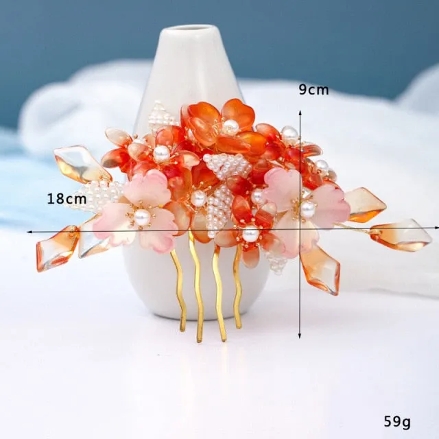 Handmade Crystal Pearls Flower Hair Combs Bridal Wedding Hair Accessory