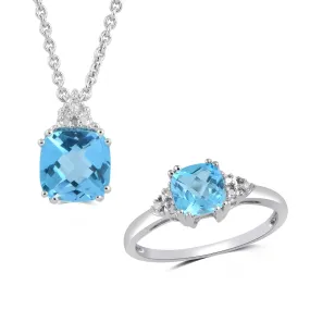 Jewelili Sterling Silver 6x6MM Checkerboard Cushion Swiss Blue Topaz and Natural White Diamonds Ring and Pendant Jewelry Set