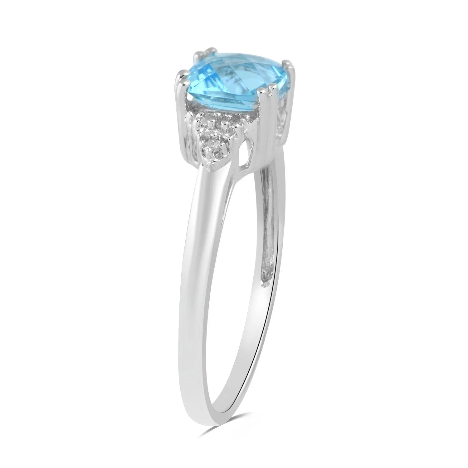 Jewelili Sterling Silver 6x6MM Checkerboard Cushion Swiss Blue Topaz and Natural White Diamonds Ring and Pendant Jewelry Set