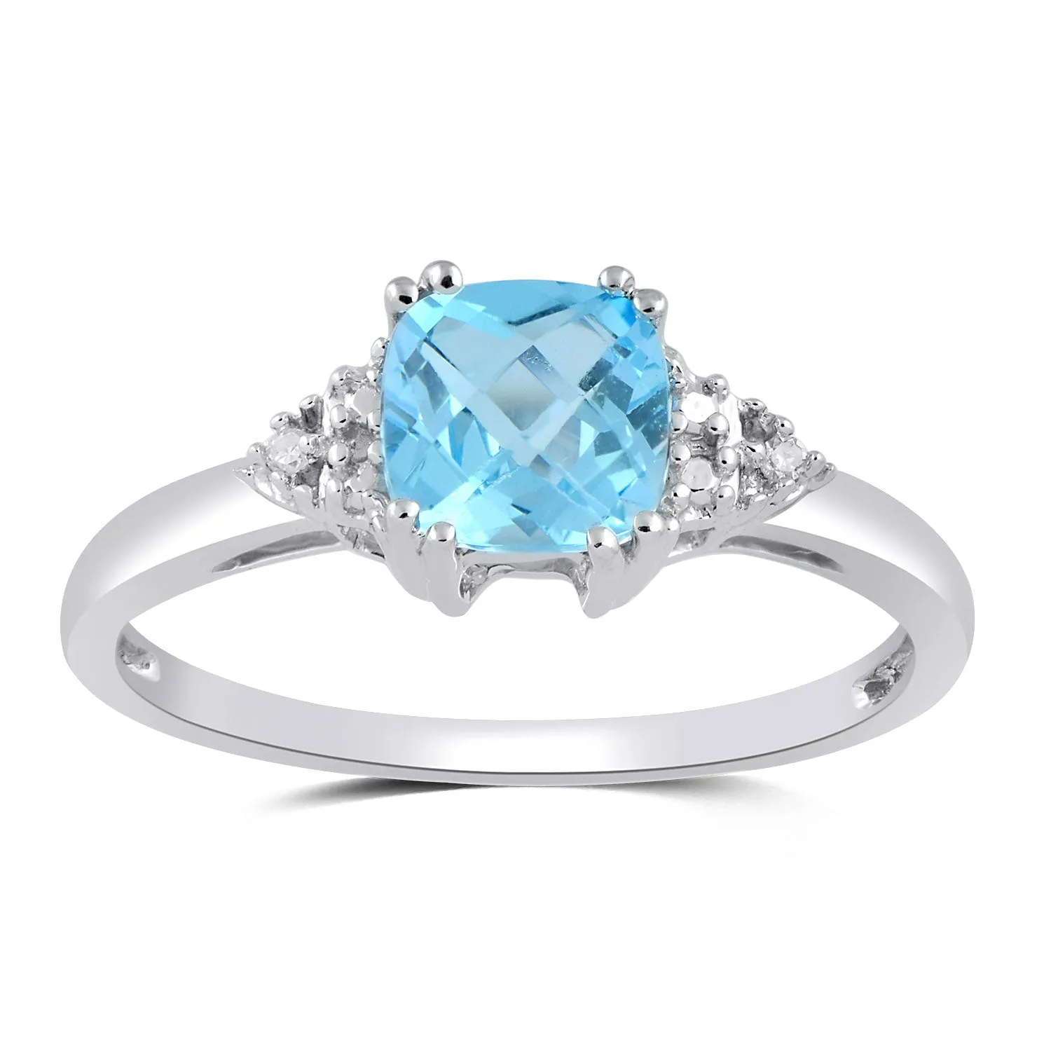 Jewelili Sterling Silver 6x6MM Checkerboard Cushion Swiss Blue Topaz and Natural White Diamonds Ring and Pendant Jewelry Set