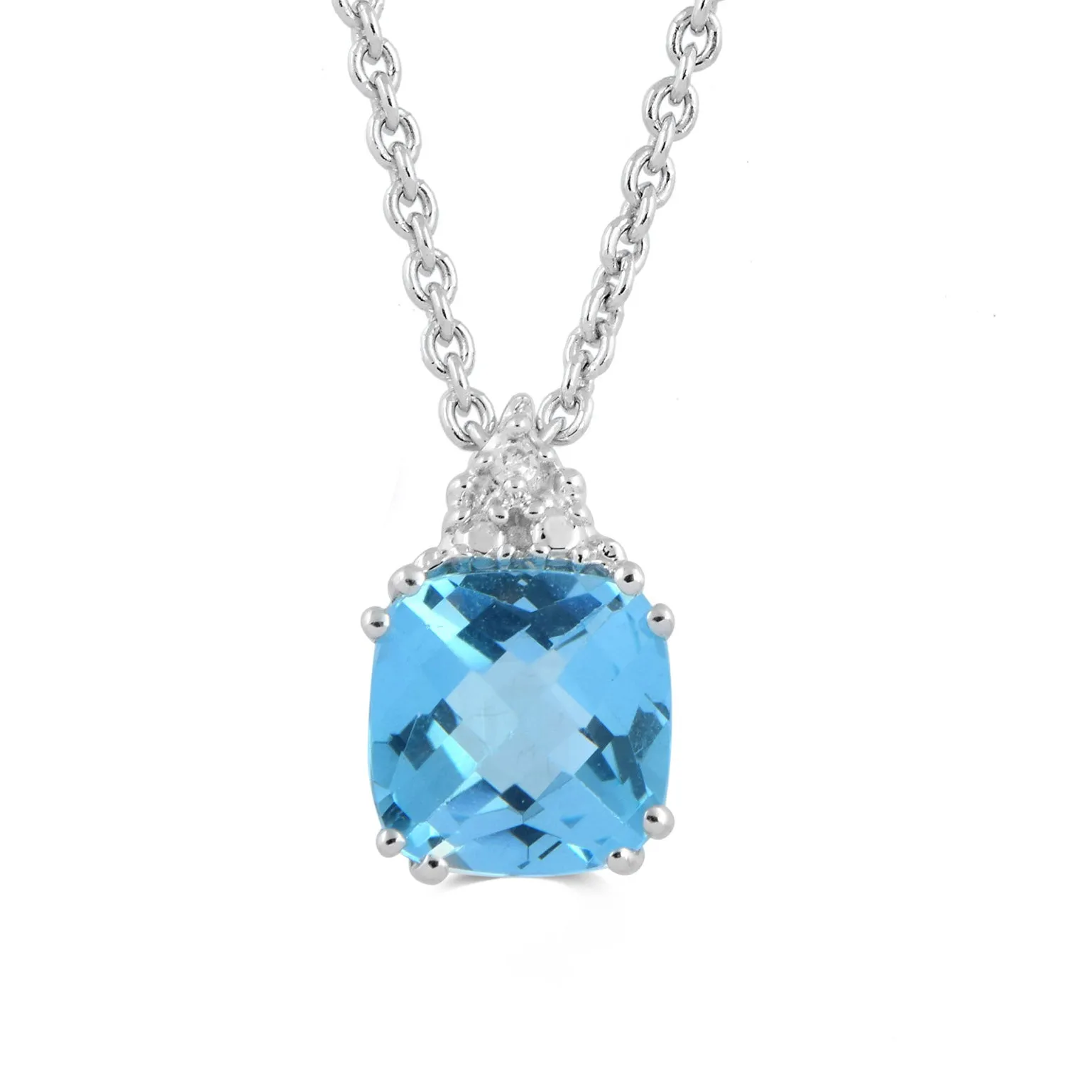 Jewelili Sterling Silver 6x6MM Checkerboard Cushion Swiss Blue Topaz and Natural White Diamonds Ring and Pendant Jewelry Set