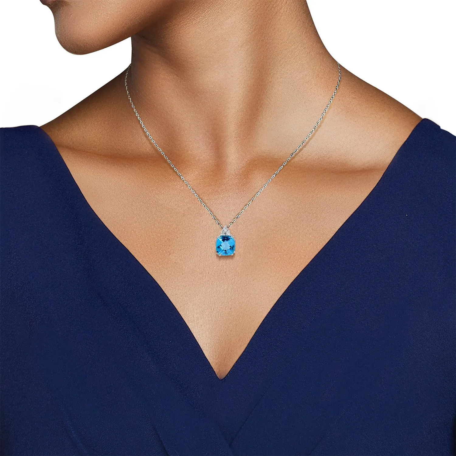 Jewelili Sterling Silver 6x6MM Checkerboard Cushion Swiss Blue Topaz and Natural White Diamonds Ring and Pendant Jewelry Set