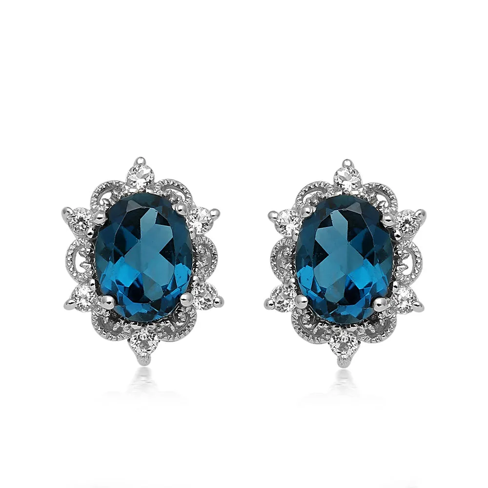 Jewelili Sterling Silver With London Blue Topaz and White Topaz Stud Earrings