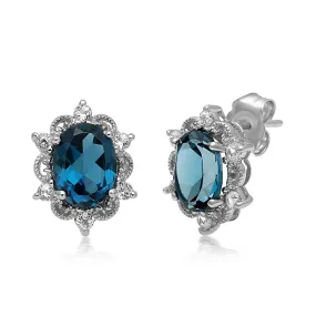 Jewelili Sterling Silver With London Blue Topaz and White Topaz Stud Earrings