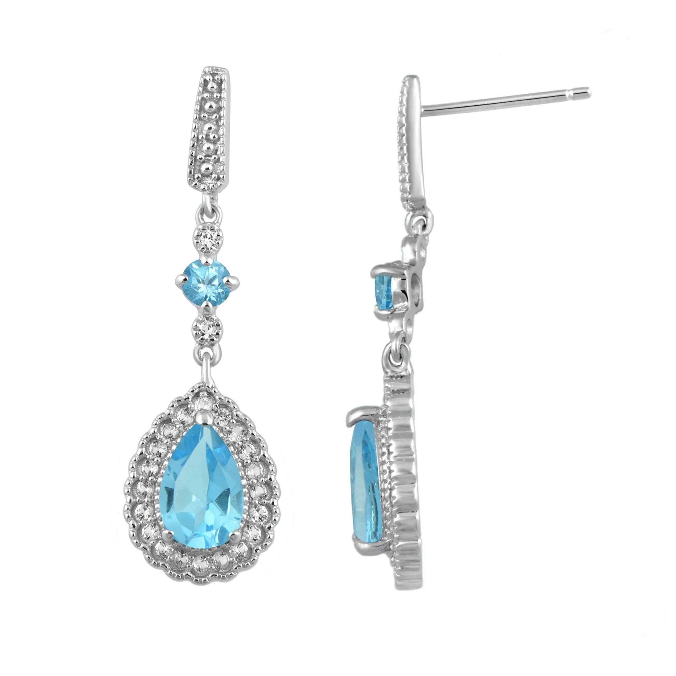 Jewelili Sterling Silver With Pear and Round Blue Topaz with Created Round White Sapphire Teardrop Drop Earrings