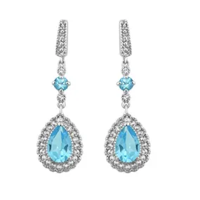 Jewelili Sterling Silver With Pear and Round Blue Topaz with Created Round White Sapphire Teardrop Drop Earrings