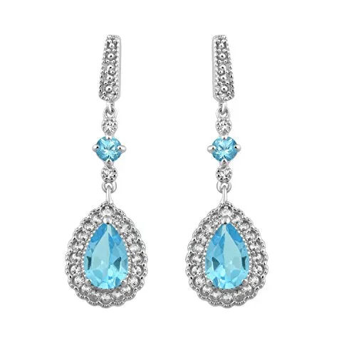 Jewelili Sterling Silver With Pear and Round Blue Topaz with Created Round White Sapphire Teardrop Drop Earrings