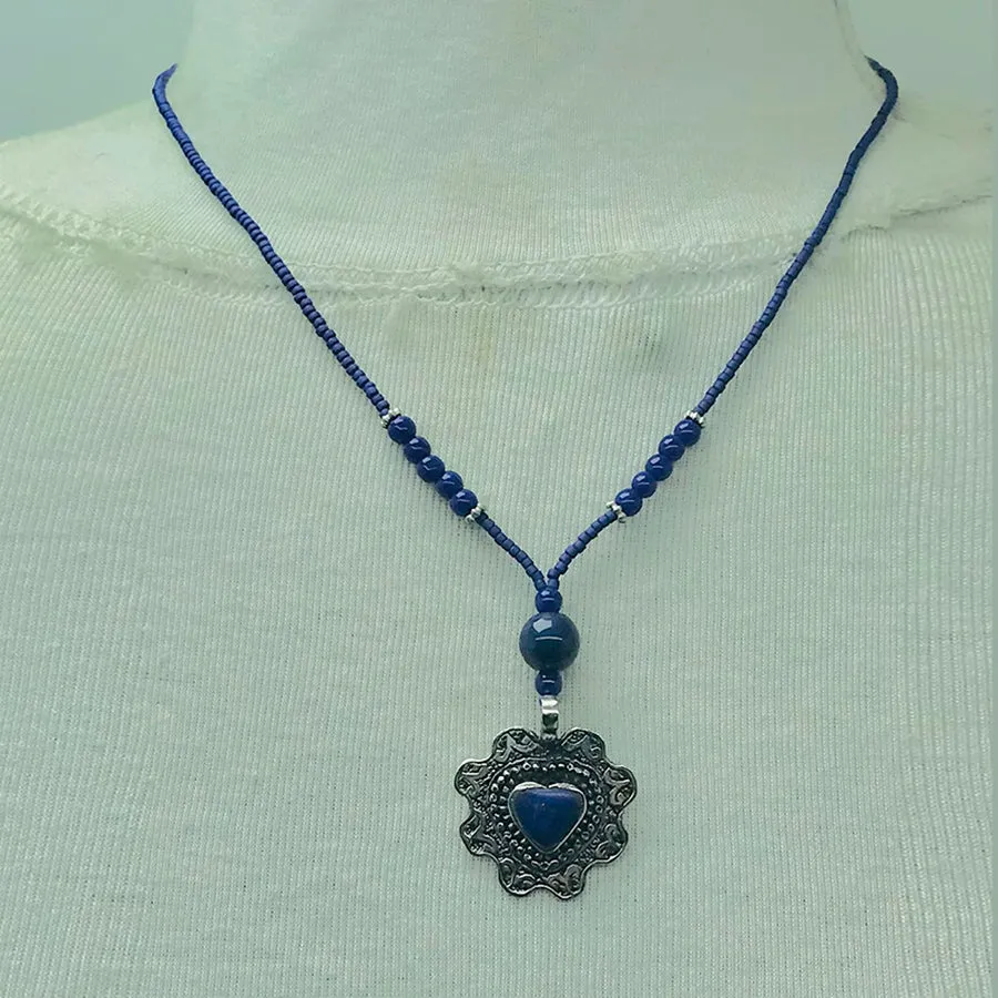 Lapis Beaded Necklace with Silver Heart Pendant