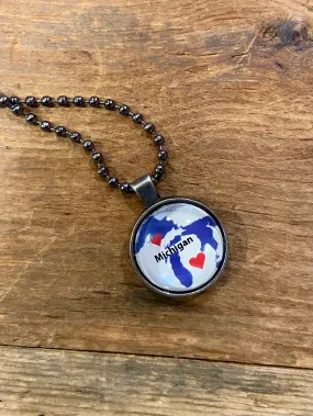 Love Michigan Map Necklace / Gun Metal