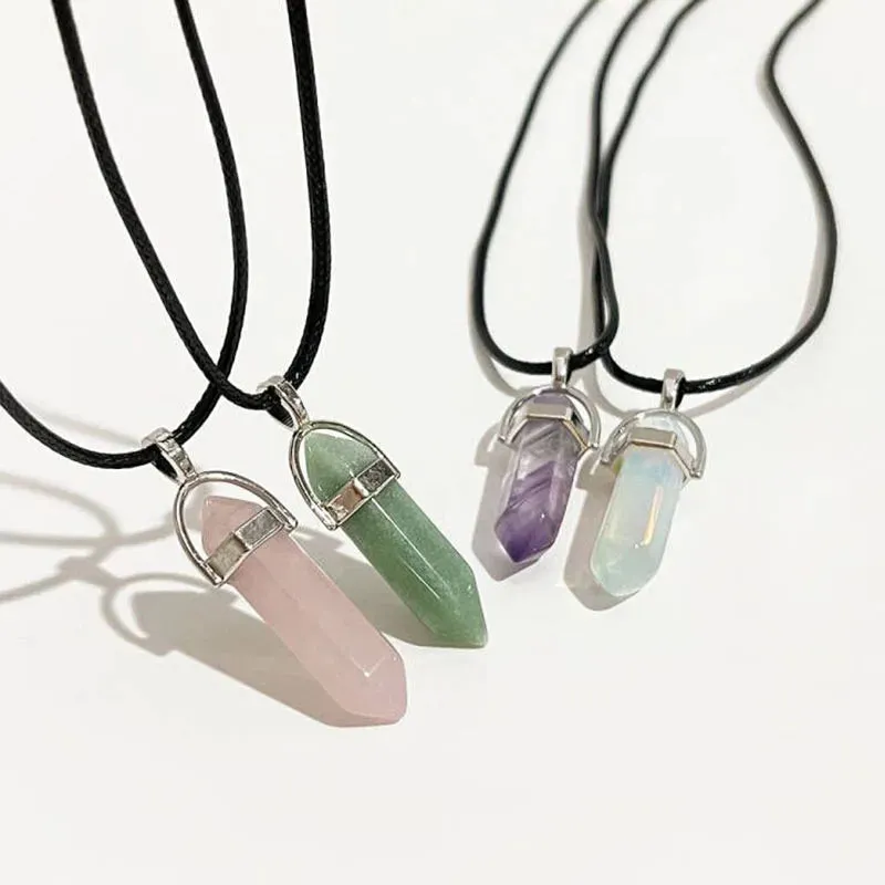 Natural Green Aventurine & Quartz Crystal Pendant Choker - Black Leather Hexagon Necklace
