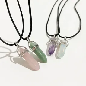 Natural Green Aventurine & Quartz Crystal Pendant Choker - Black Leather Hexagon Necklace