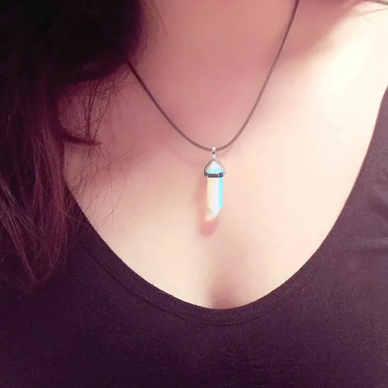 Natural Green Aventurine & Quartz Crystal Pendant Choker - Black Leather Hexagon Necklace