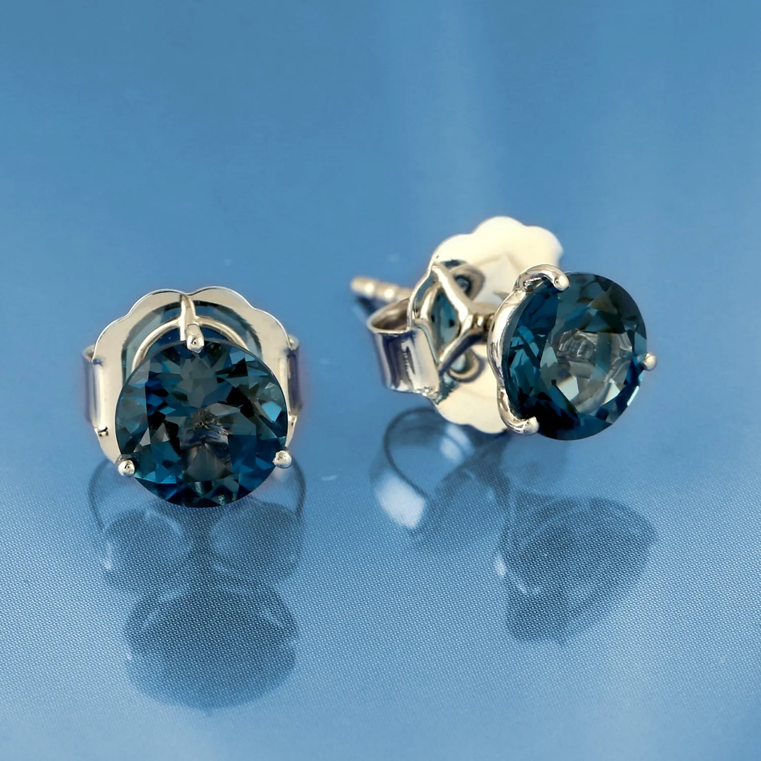 Natural London Topaz Stud Earrings 18k White Gold Jewelry