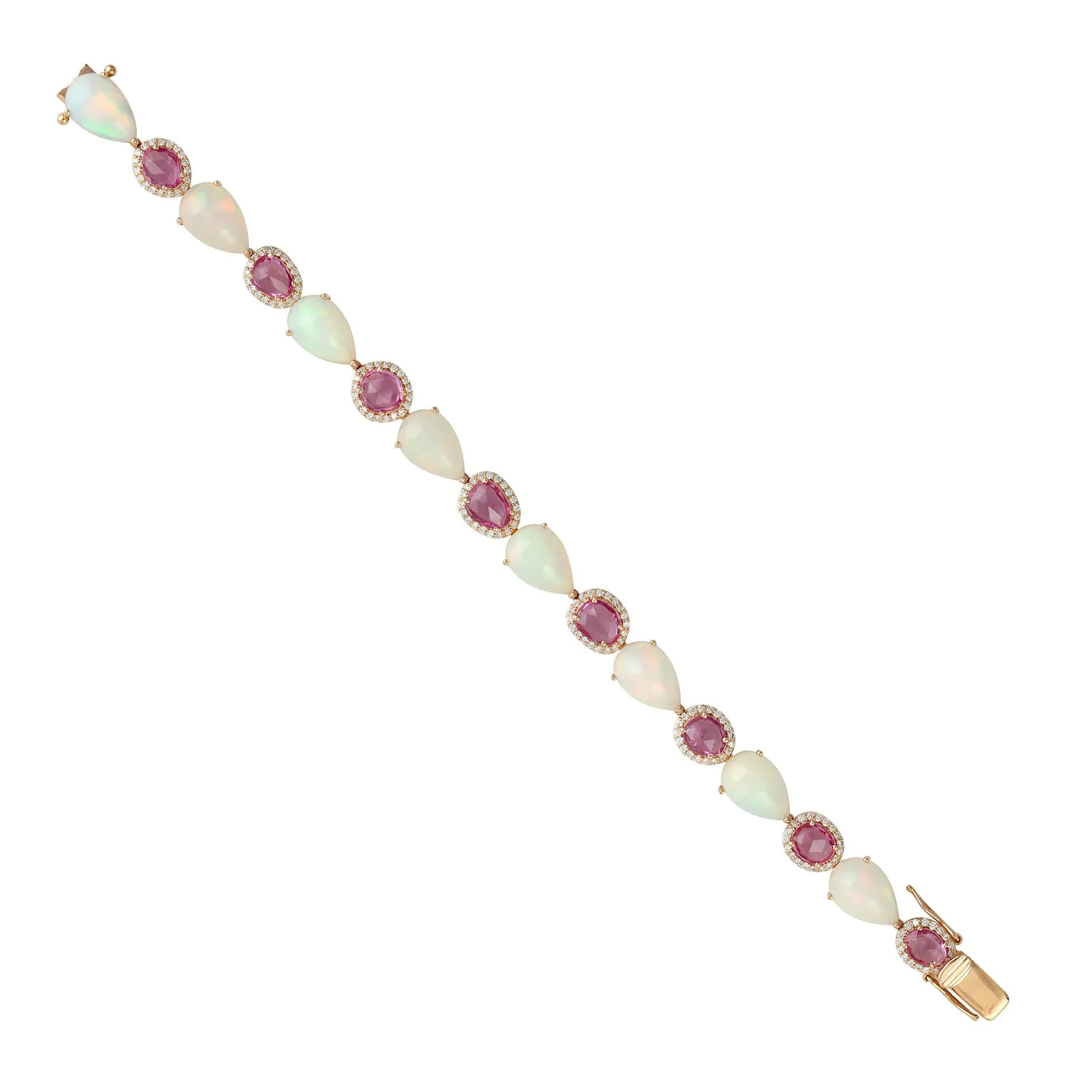 Natural Pink Sapphire Opal ethopian Diamond Fixed & Flexible 18k Gold Bracelet