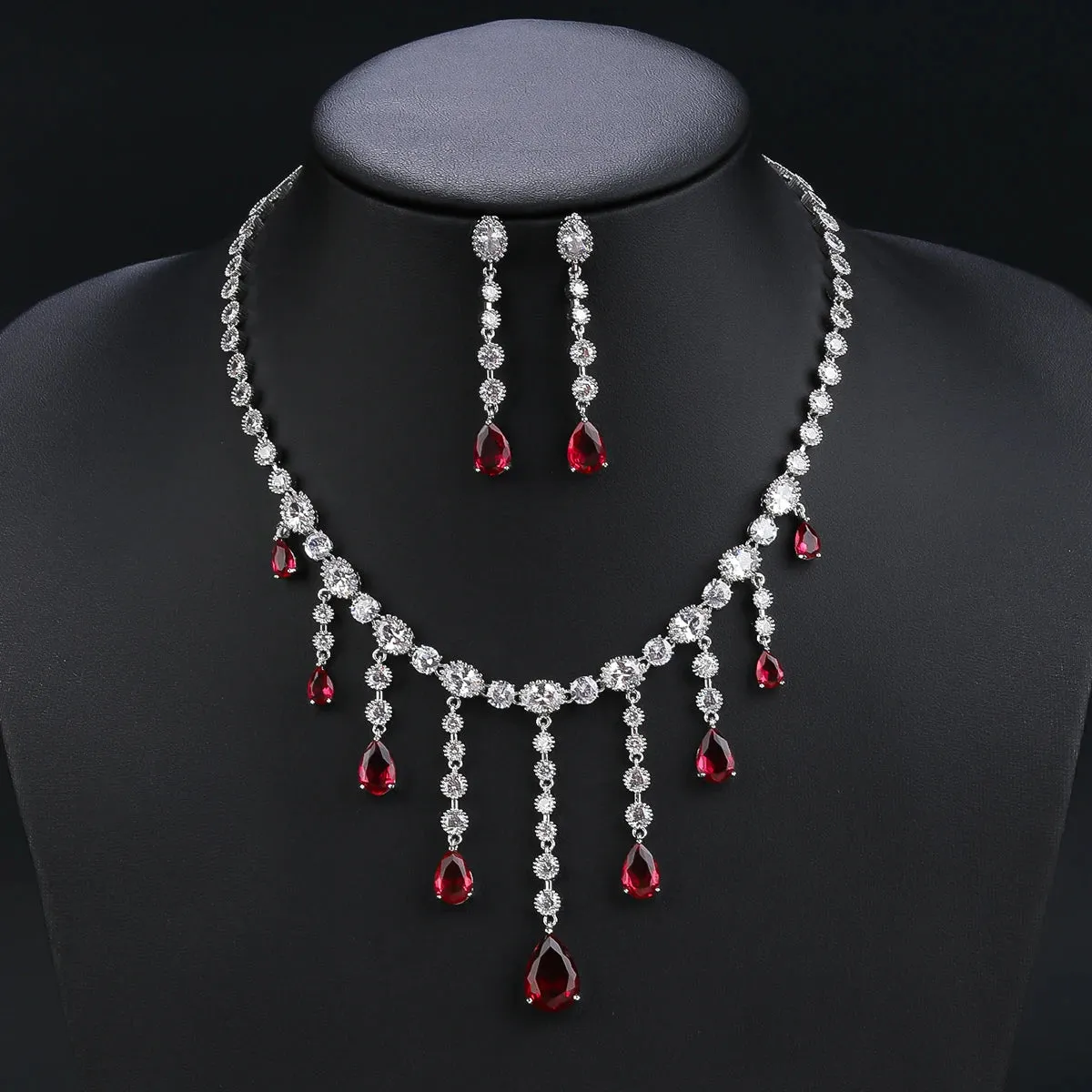 New Droplet Cubic Zirconia Tassel Wedding Necklace Earrings Bridal Jewelry Set Dinner Accessories CN11138