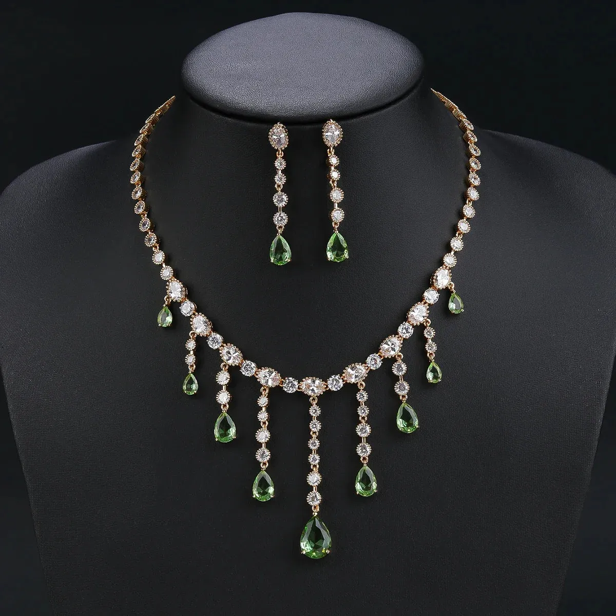 New Droplet Cubic Zirconia Tassel Wedding Necklace Earrings Bridal Jewelry Set Dinner Accessories CN11138
