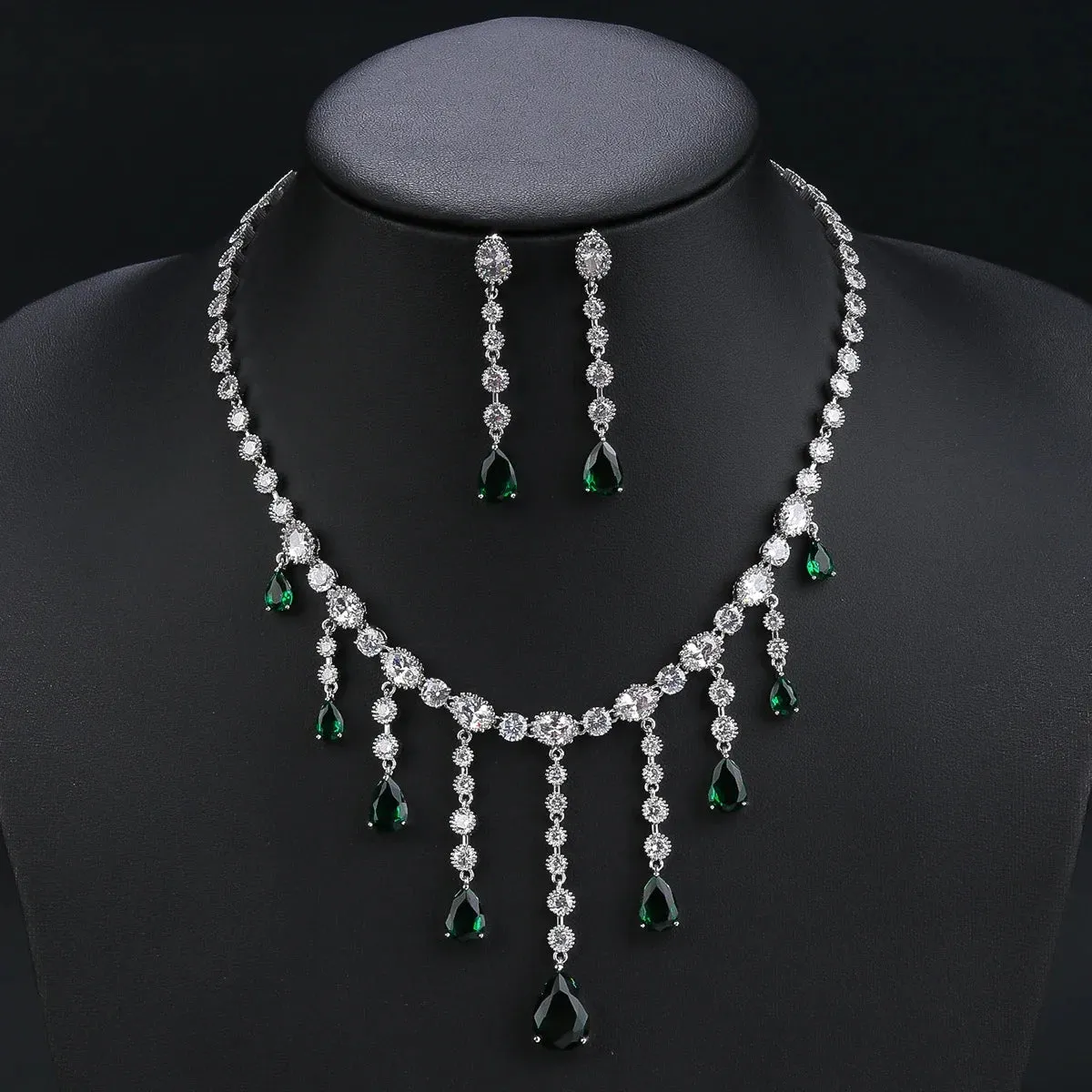 New Droplet Cubic Zirconia Tassel Wedding Necklace Earrings Bridal Jewelry Set Dinner Accessories CN11138